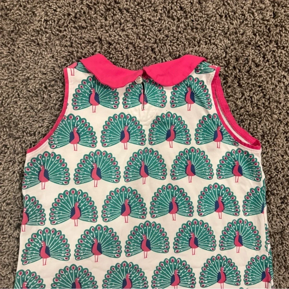 5/$25 Girls Peacock Print Sleeveless Dress with Pink Collar, size 8